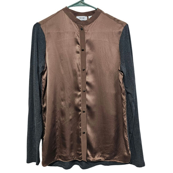 Per Se by Carlisle 100% Silk Brown Gray Long Sleeve Button-Up Women's Size 4 - Picture 1 of 5
